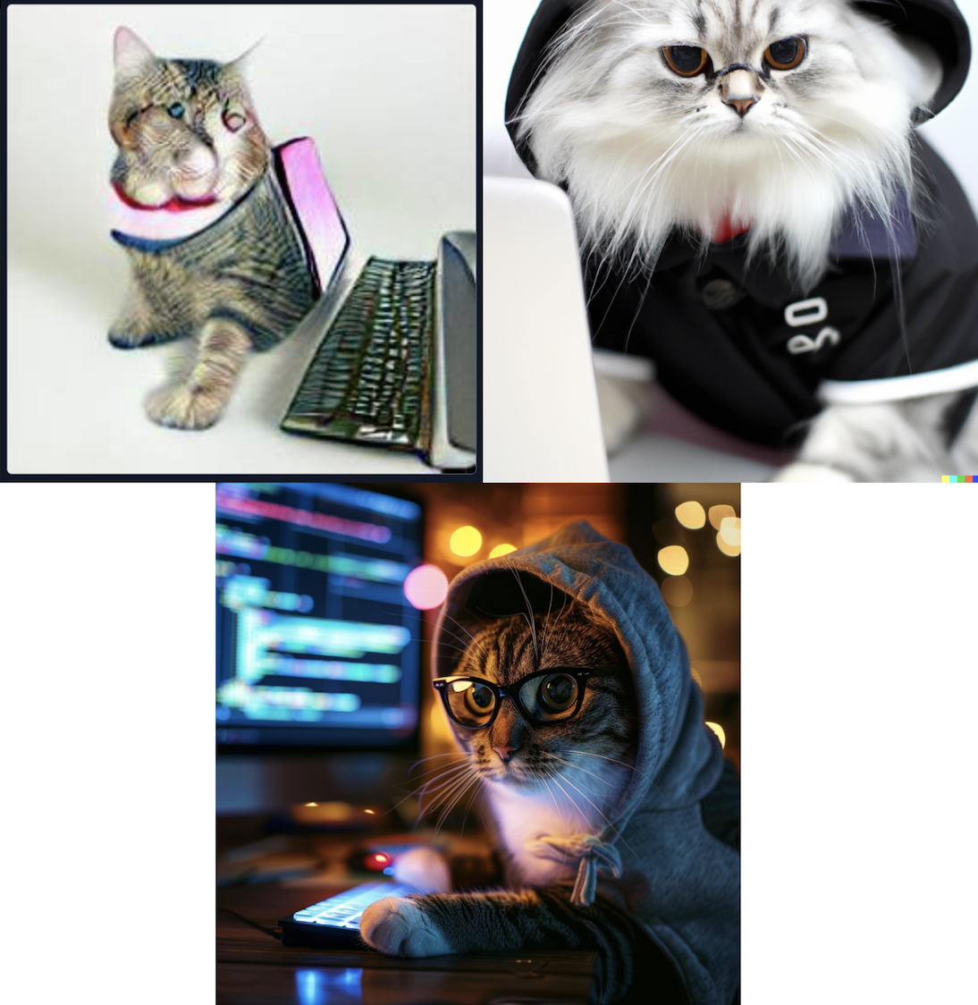 Three cats dressed as computer programmers generated by different AI software.